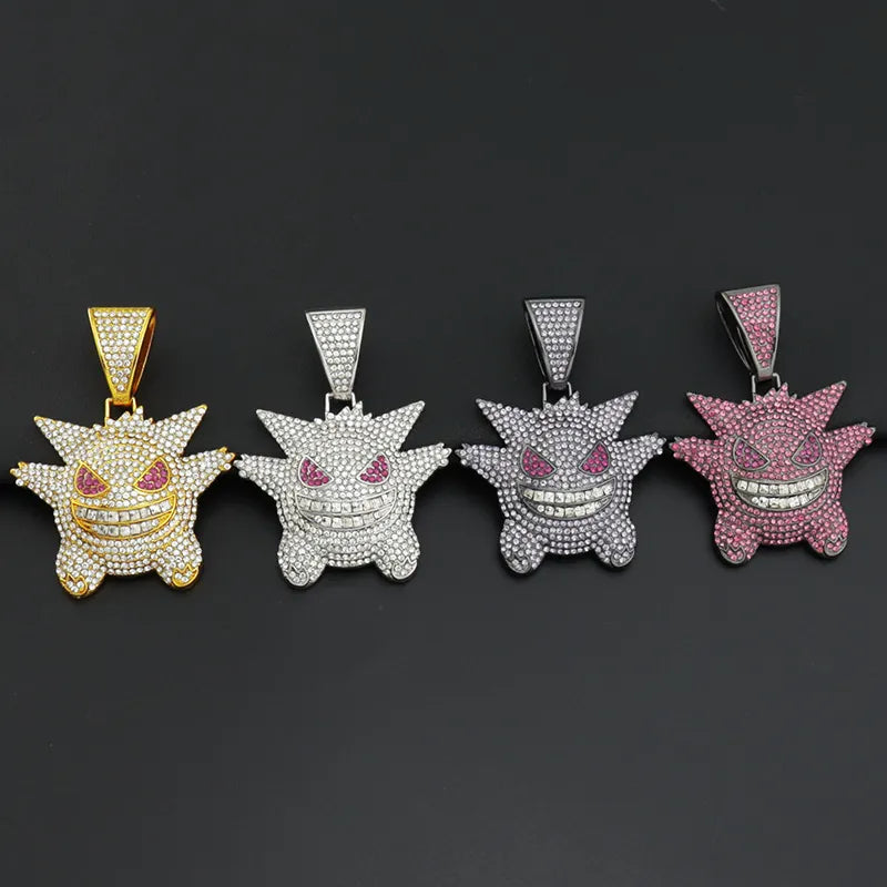 1092 Iced Grinning Monster Pendant – Silver-Tone Alloy, Rhinestones