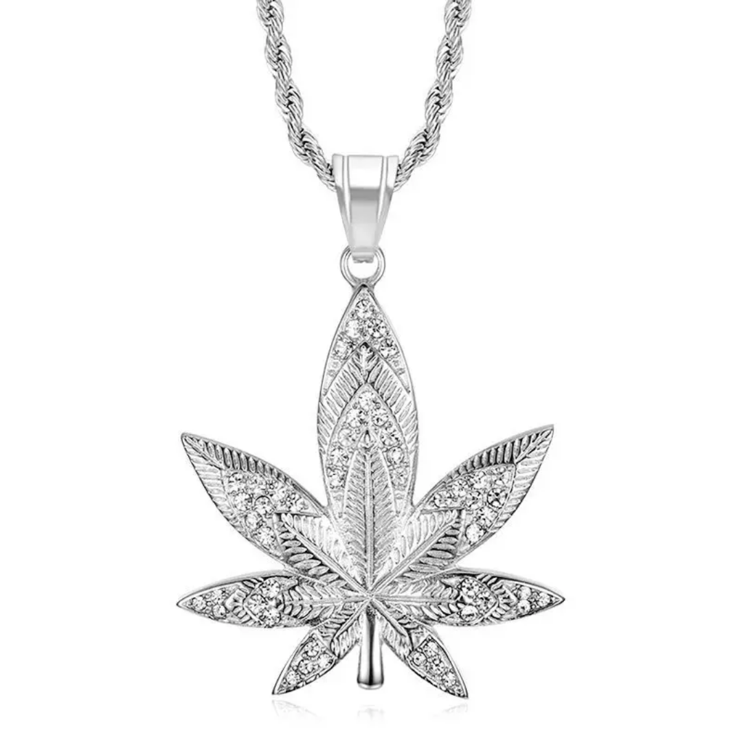 1081 Iced Leaf Rhinestone Pendant – Silver-Plated Stainless Steel