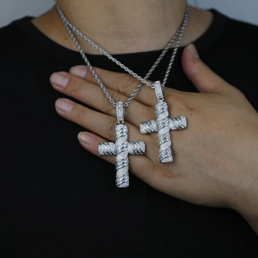 1114 |O| Silver-Plated Brass Iced Out CZ Twisted Cross Pendant