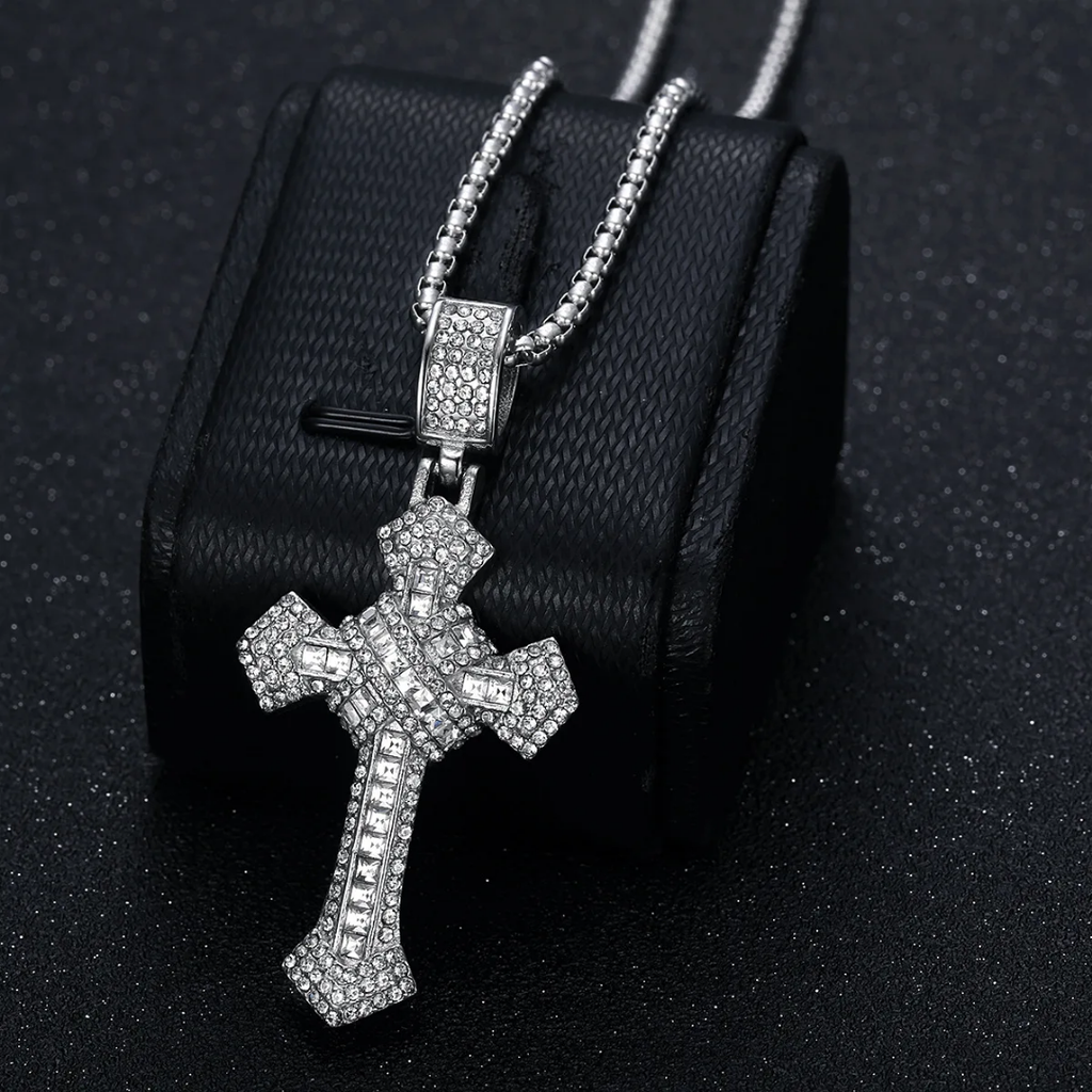 1089 Iced Cross Pendant – Stainless Steel, Rhinestones – Silver
