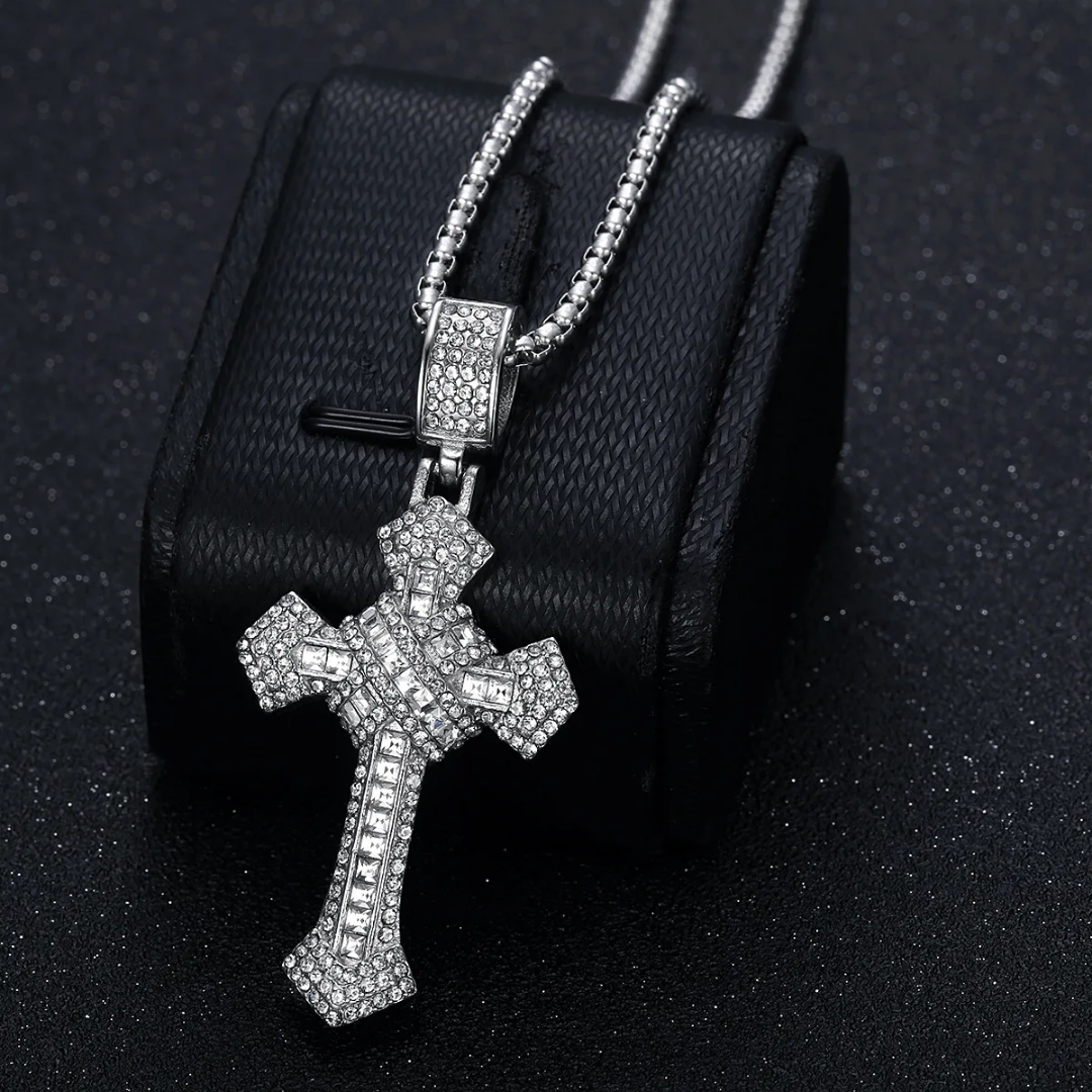 1089 Iced Cross Pendant – Stainless Steel, Rhinestones – Silver