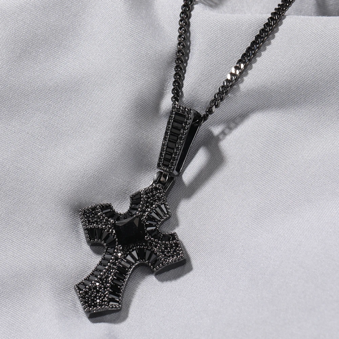 1035 HQ Iced Black Cross 5A CZ Pendant – Brass