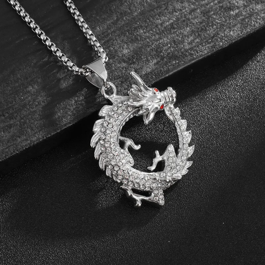 1022 Iced Dragon Pendant – Silver Tone Stainless Steel