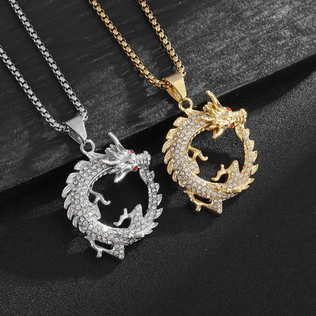 1022 Iced Dragon Pendant – Silver Tone Stainless Steel