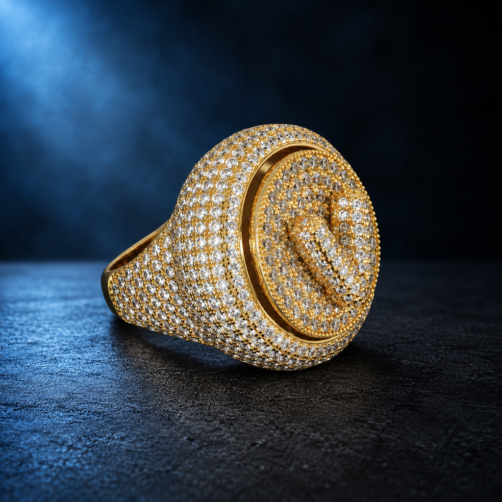 9025 |J| 18K Gold-Plated Brass Iced Out 5A CZ Letter V Victory Spinner Ring