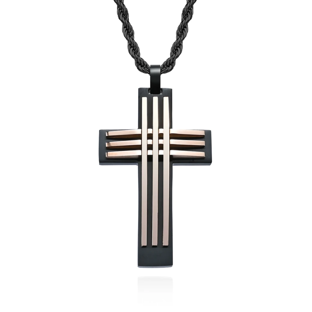 1054 Stainless Steel Curved Cross Pendant – Black & Rose Gold