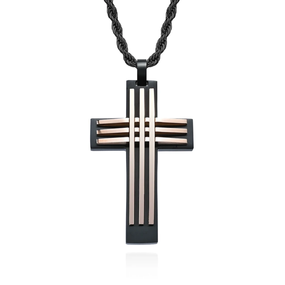 1054 Stainless Steel Curved Cross Pendant – Black & Rose Gold