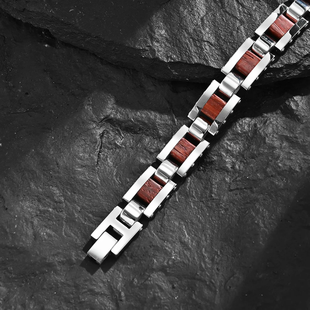 2008 |M| Stainless Steel Bracelet with Wood Inlay 8.5 in