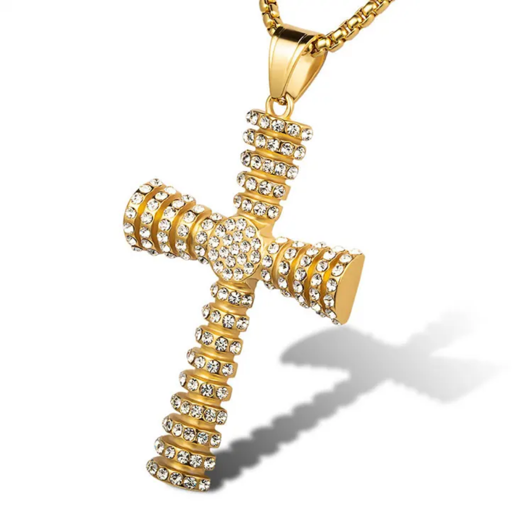 1087 Gold-Plated Stainless Steel Iced Cross Pendant with Rhinestones – Unisex