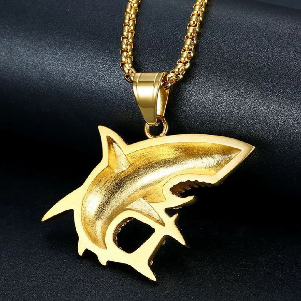 1103 Gold-Plated Stainless Steel Shark Pendant with Rhinestones – Unisex