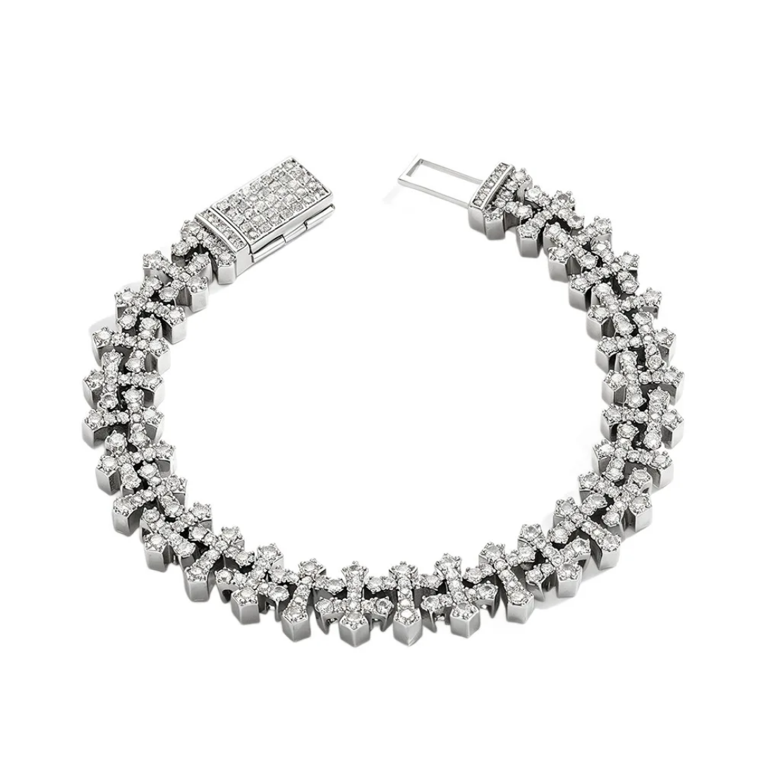2012 |H| Brass Iced Out Cross Link Bracelet with 5A+CZ Stones | Gold-Plated or Silver-Plated