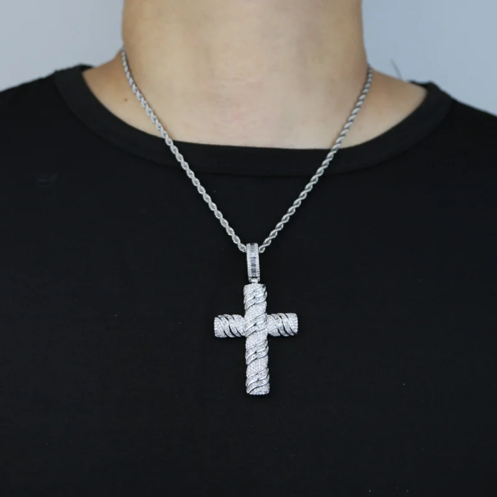 1114 |O| Silver-Plated Brass Iced Out CZ Twisted Cross Pendant