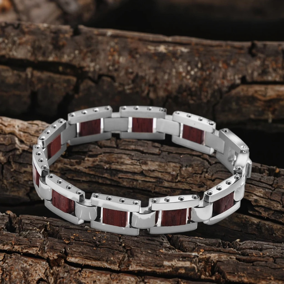 2008 |M| Stainless Steel Bracelet with Wood Inlay 8.5 in