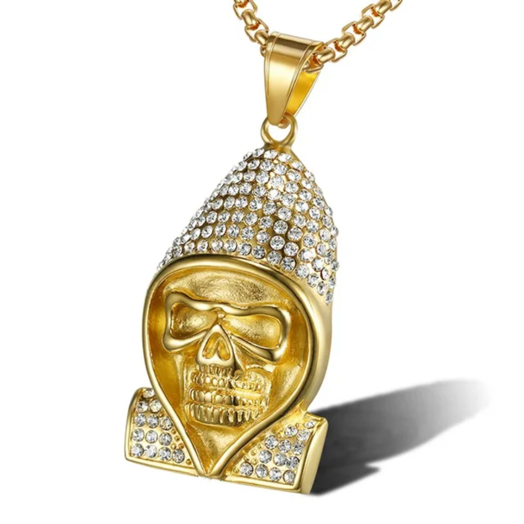 1024 HQ Iced Hooded Skull Rhinestone Pendant – 18K Gold Plated Stainless Steel