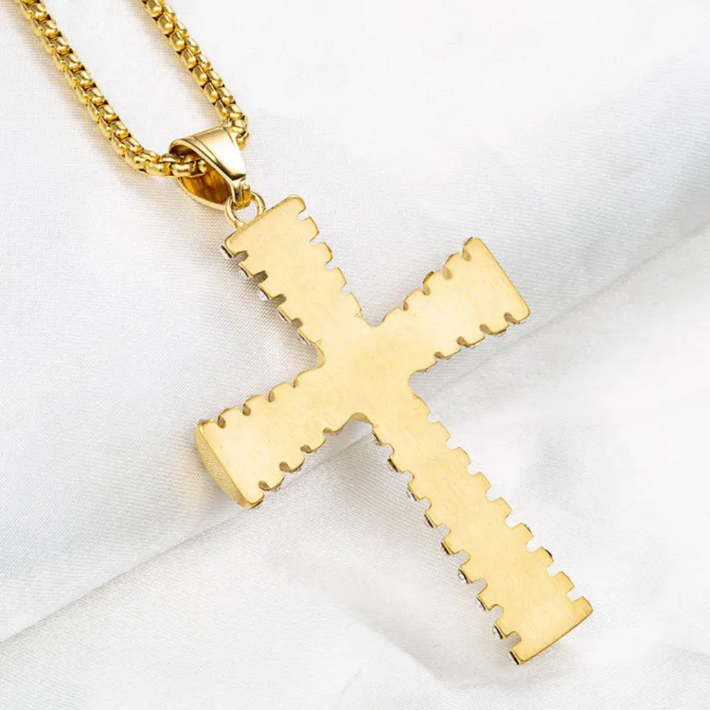 1087 Gold-Plated Stainless Steel Iced Cross Pendant with Rhinestones – Unisex
