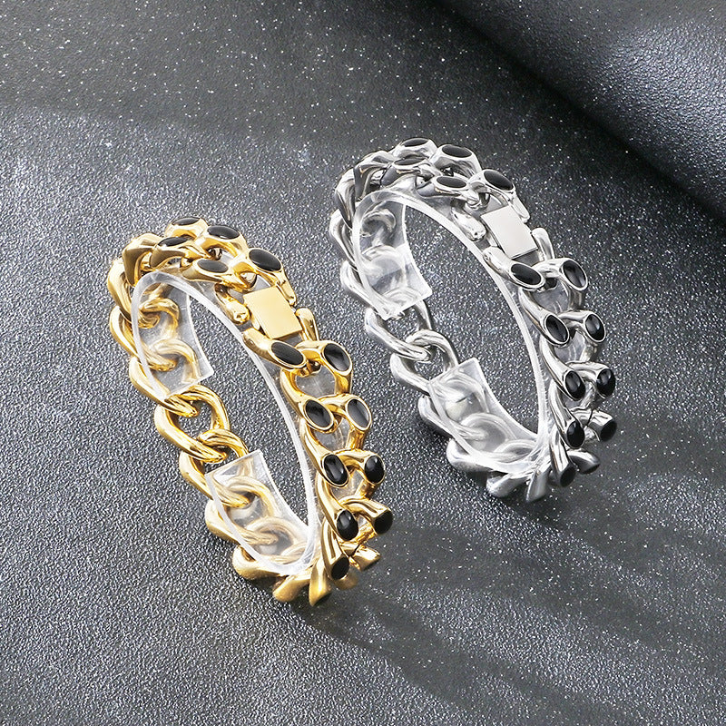 2019 |M| 316 Stainless Steel Silver-Tone Heavy Cuban Chain Bracelet with Black Enamel | 8.5 in
