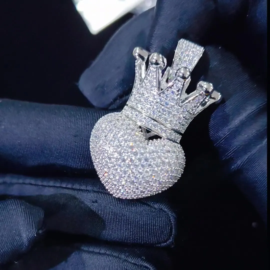 1135 |O| Silver-Plated Brass Iced Out 4A+ CZ Crowned Heart Pendant