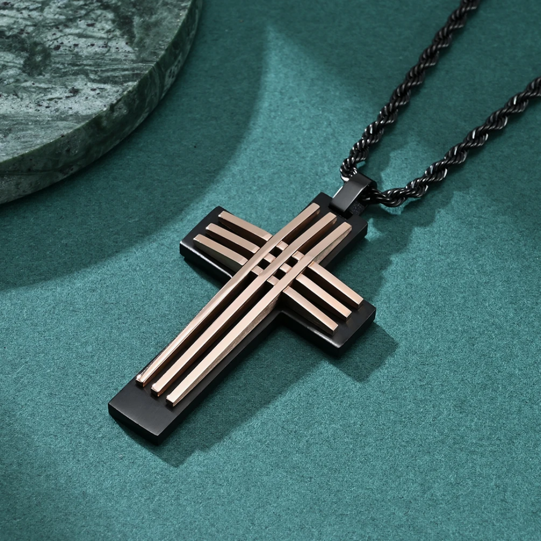 1054 Stainless Steel Curved Cross Pendant – Black & Rose Gold