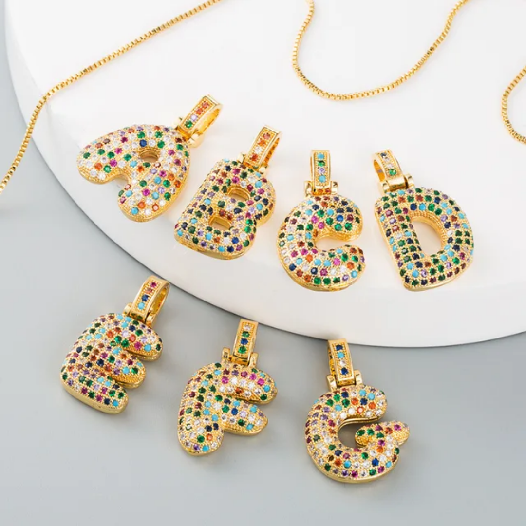 1151 |O| Copper Iced Out Multicolor CZ Bubble Initial Letter J Pendant | 18K Gold-Plated