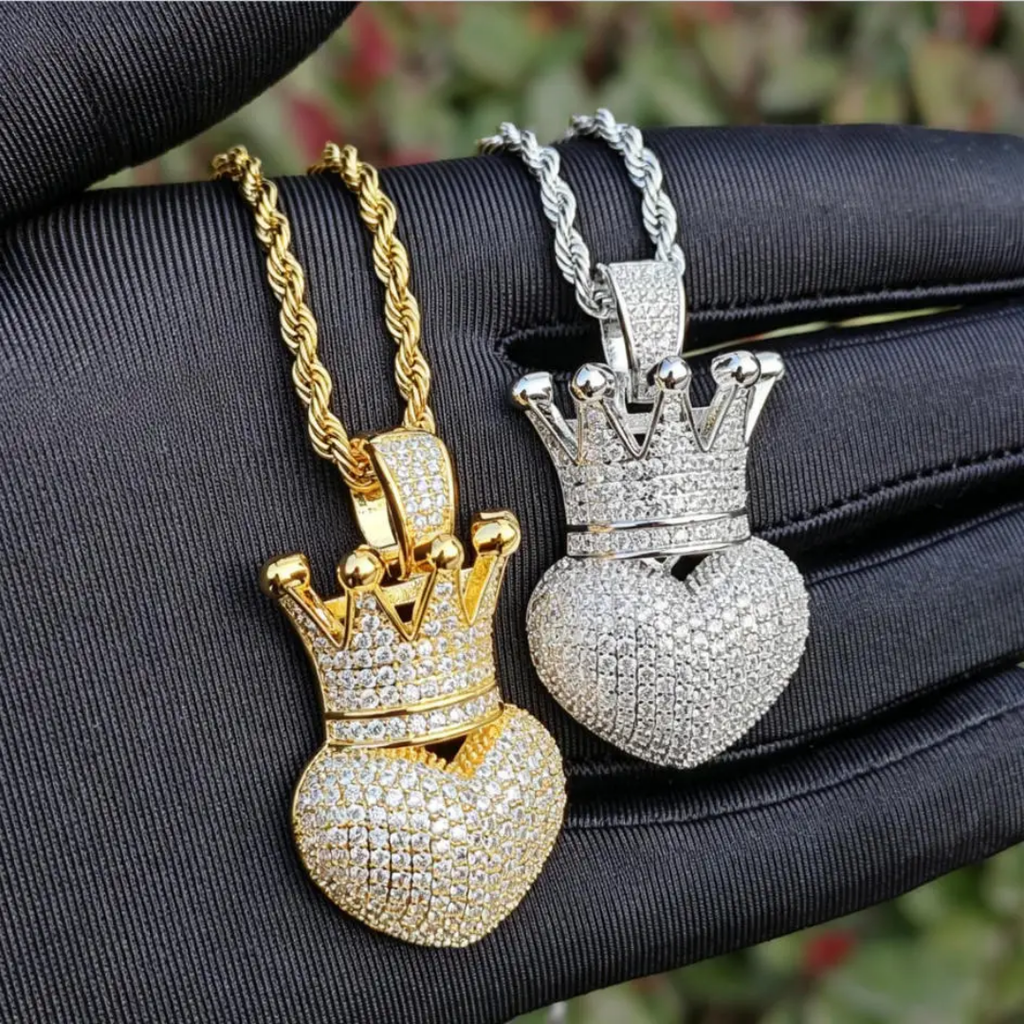 1135 |O| Silver-Plated Brass Iced Out 4A+ CZ Crowned Heart Pendant