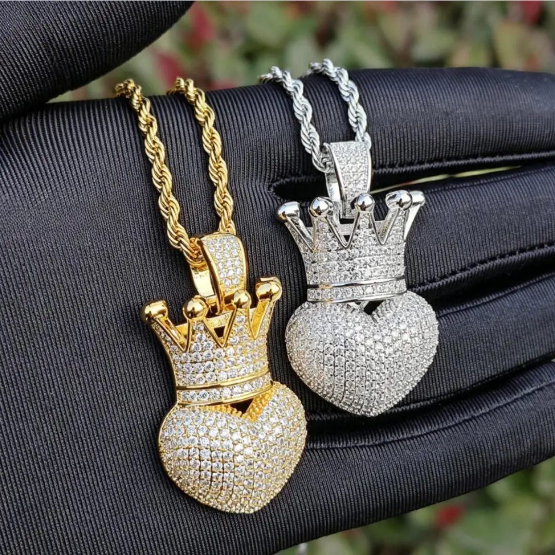 1136 |O| Gold-Plated Brass Iced Out 4A+ CZ Crowned Heart Pendant