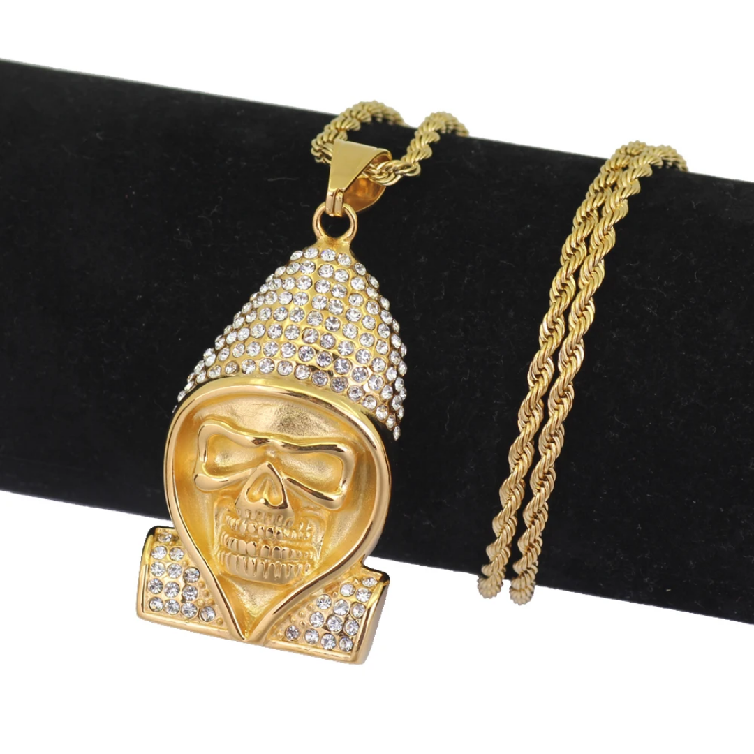 1024 HQ Iced Hooded Skull Rhinestone Pendant – 18K Gold Plated Stainless Steel