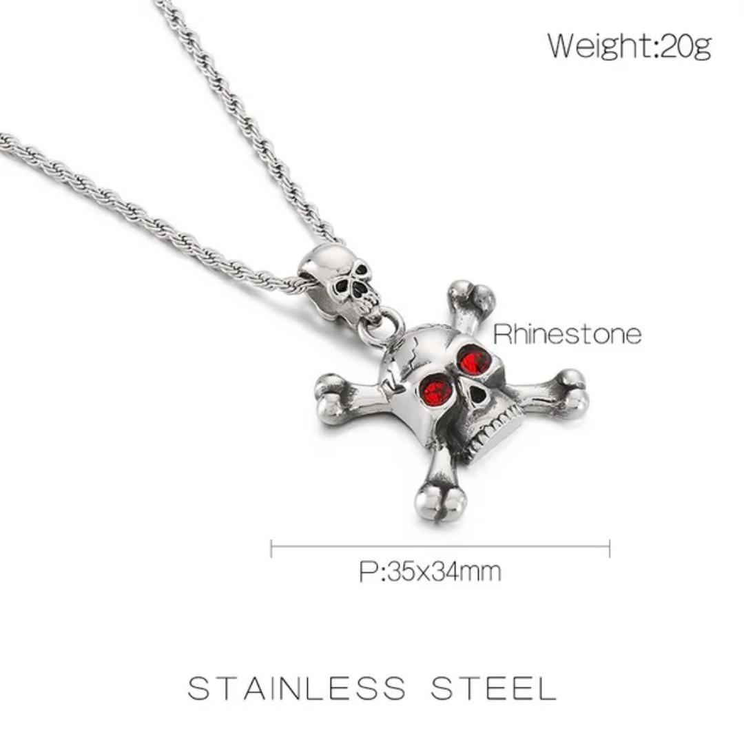 1079 Skull & Crossbones Rhinestone Pendant – Stainless Steel – Red Eyes