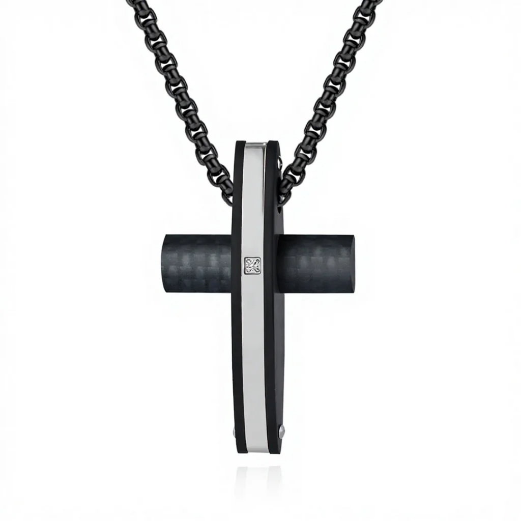 1052 Black Carbon Fiber Cross Pendant – Stainless Steel