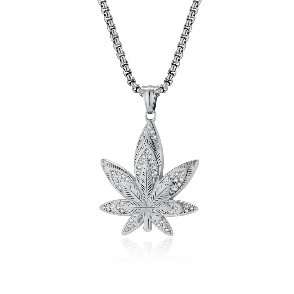 1129 Silver Stainless Steel Iced Out Maple Leaf Pendant