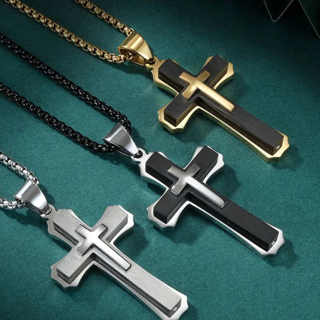 1115 Black & Silver Stainless Steel Three-Layer Cross Pendant