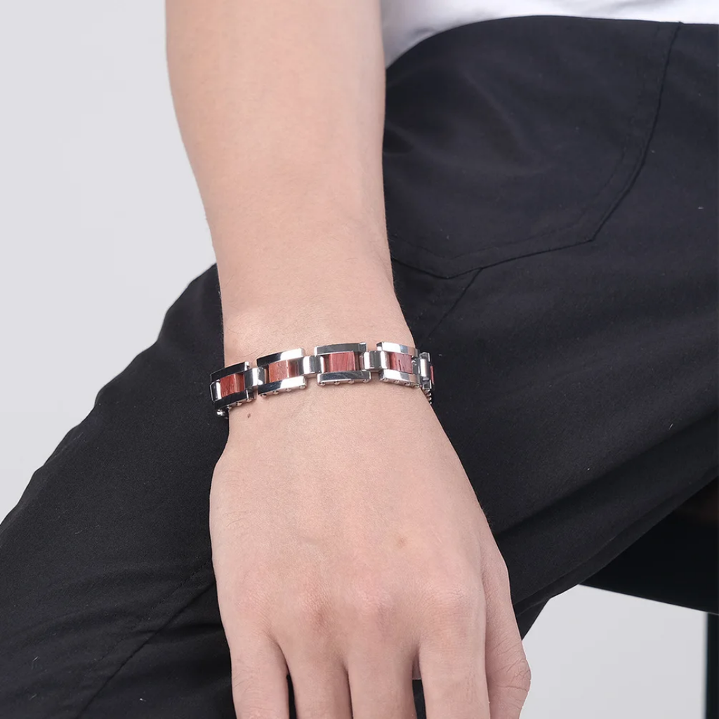 2008 |M| Stainless Steel Bracelet with Wood Inlay 8.5 in