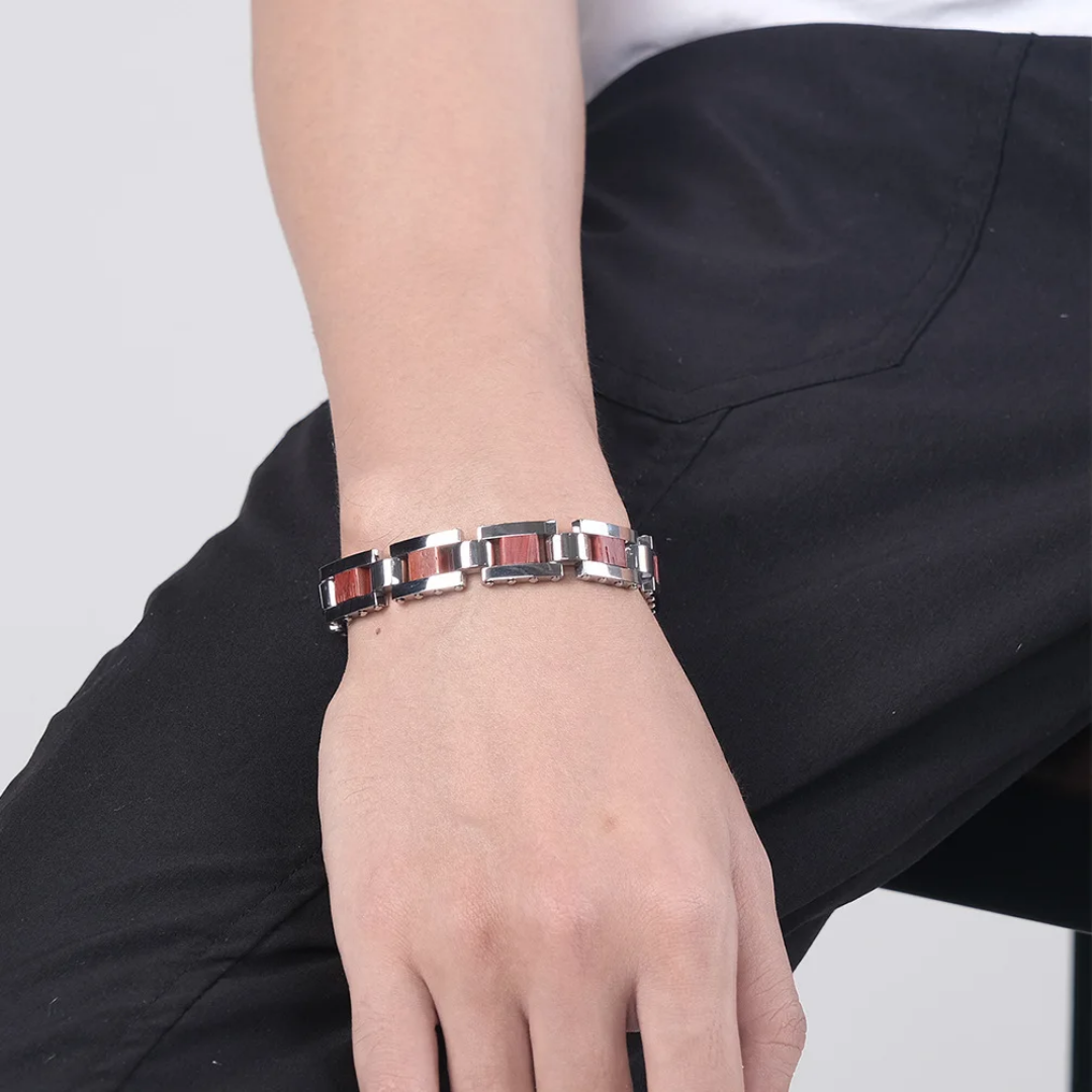 2008 |M| Stainless Steel Bracelet with Wood Inlay 8.5 in