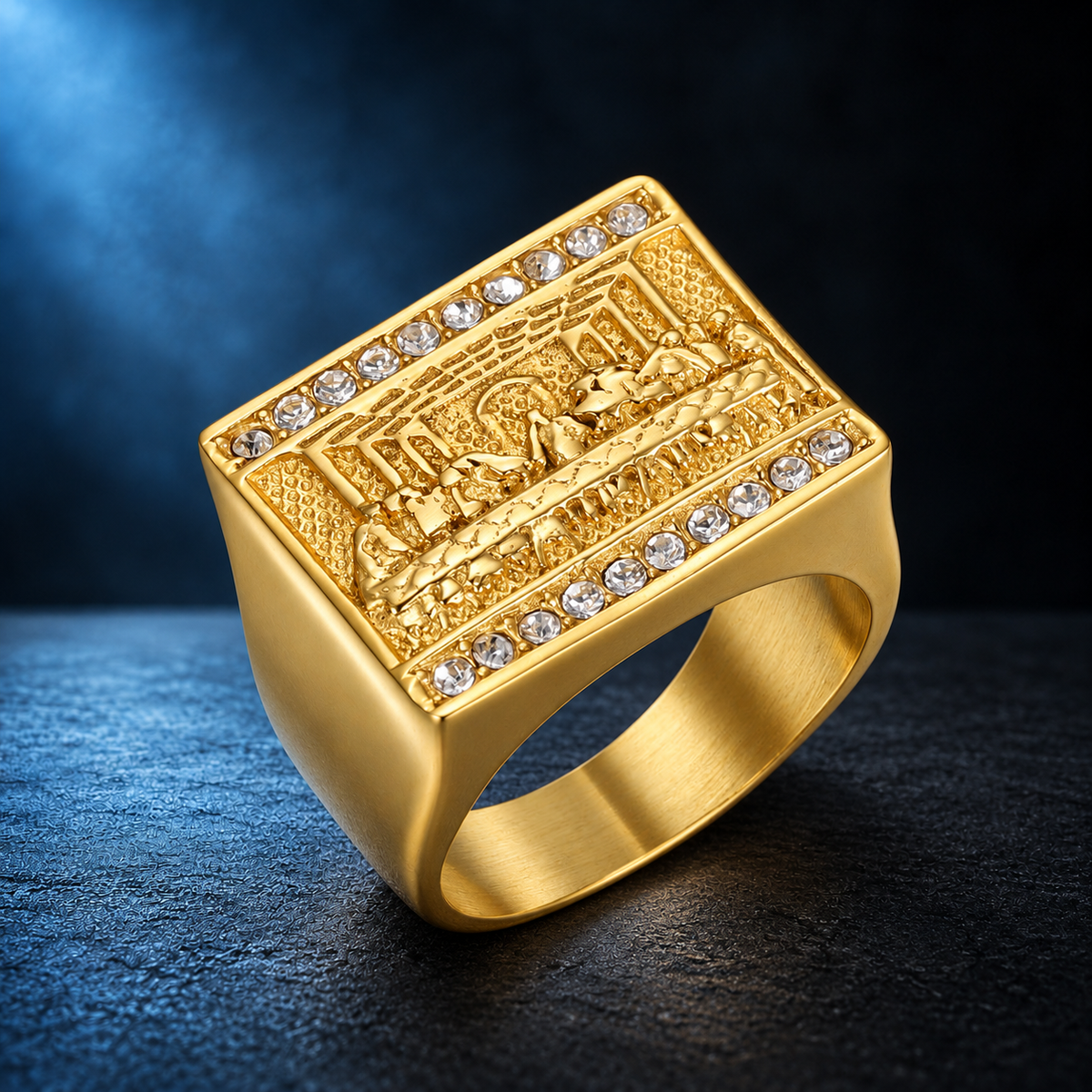 9015 |J| Gold-Plated Stainless Steel Iced The Last Supper Signet Ring