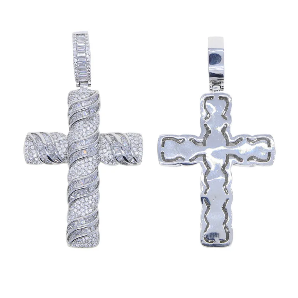 1114 |O| Silver-Plated Brass Iced Out CZ Twisted Cross Pendant