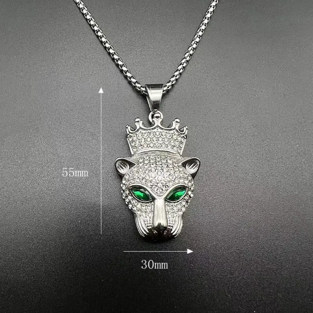 1028 Iced Crowned Leopard Head Pendant – Black Plated Stainless Steel