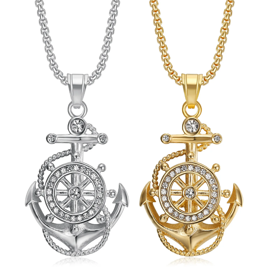 1107 Anchor Ship Wheel Rhinestone Pendant – Gold Stainless Steel