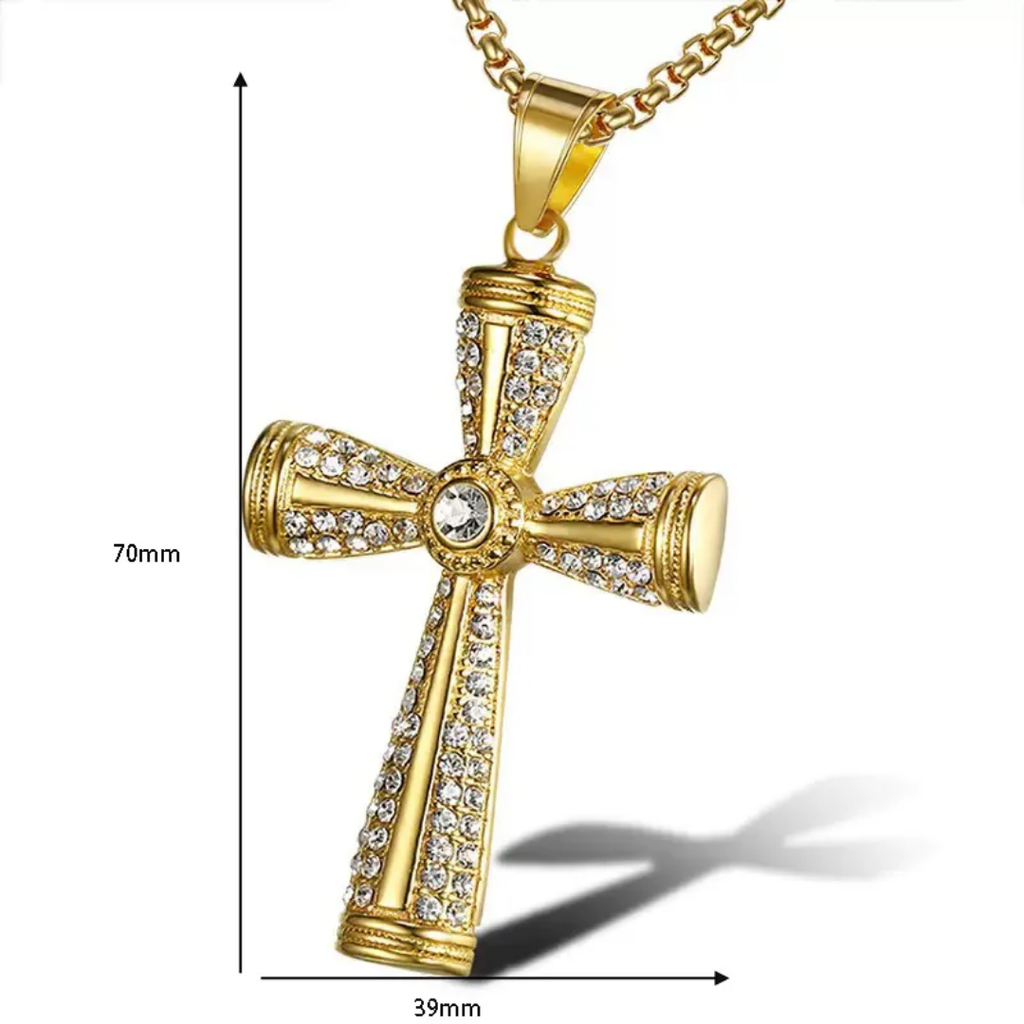 1086 Gold-Plated Stainless Steel Cross Pendant with Rhinestones – Unisex