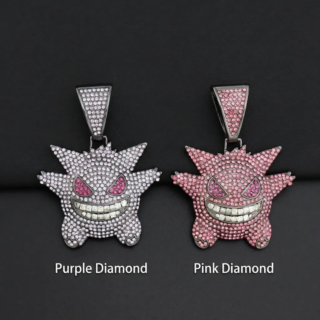 1093 Iced Grinning Monster Pendant – Purple Alloy, Rhinestones