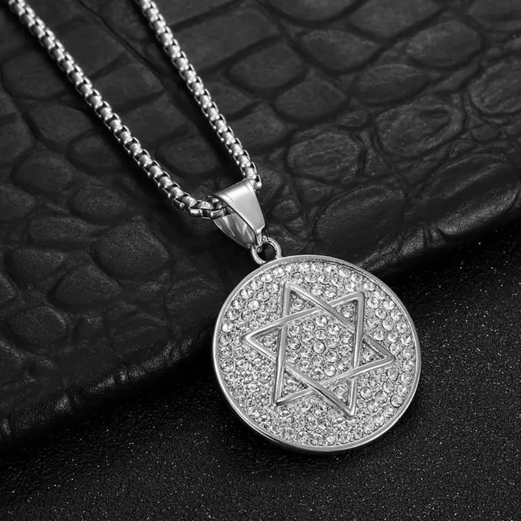 1070 Iced Star of David Rhinestone Pendant – Silver-Tone Stainless Steel