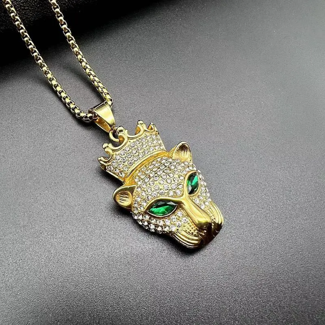 1122 Gold-Plated Stainless Steel Iced Crown Leopard Head Pendant