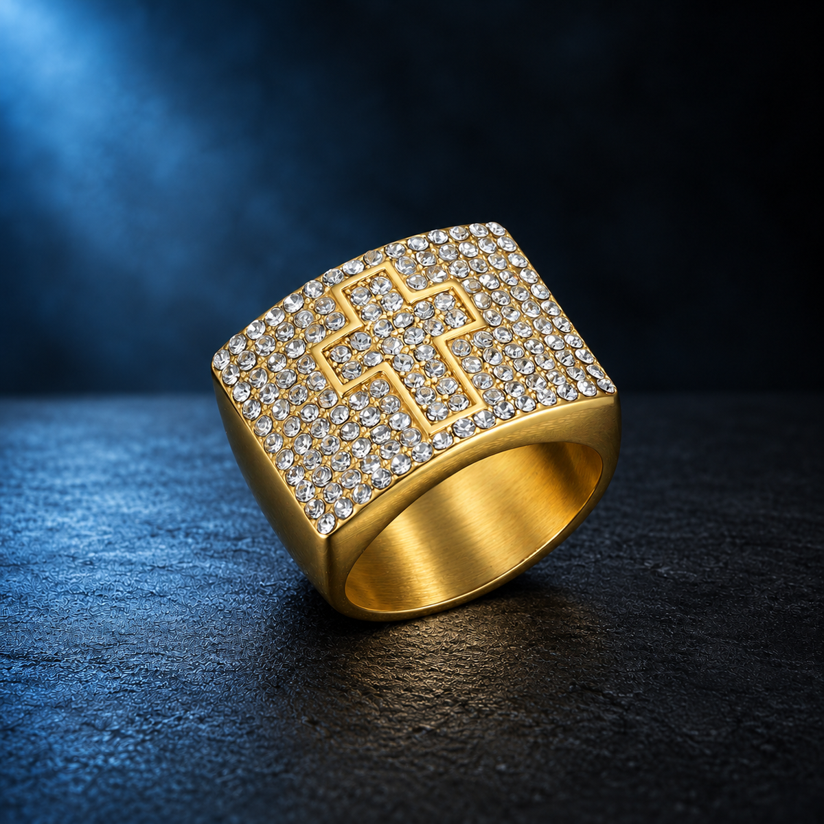 9017 |J| Gold-Plated Stainless Steel Iced Rectangular Cross Ring