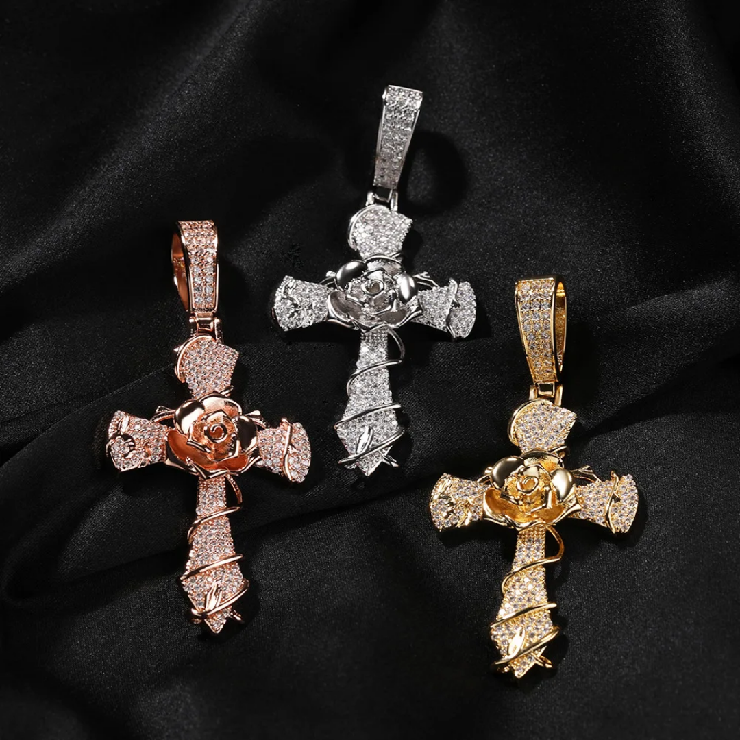 1046 HQ Iced Cross 5A CZ Pendant – Gold-Plated Brass