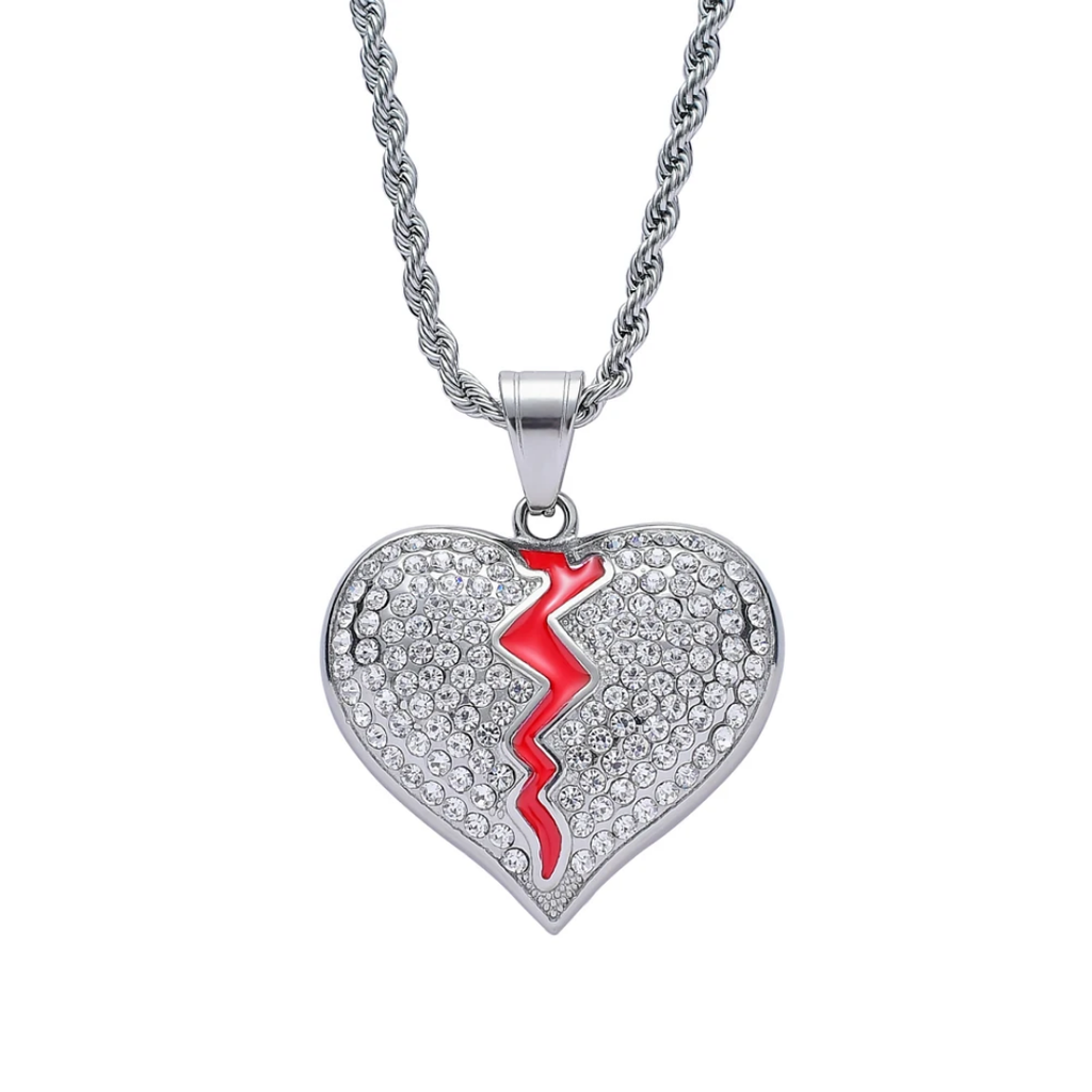 1038 HQ Iced Broken Heart Rhinestone Pendant – Silver-Plated Stainless Steel