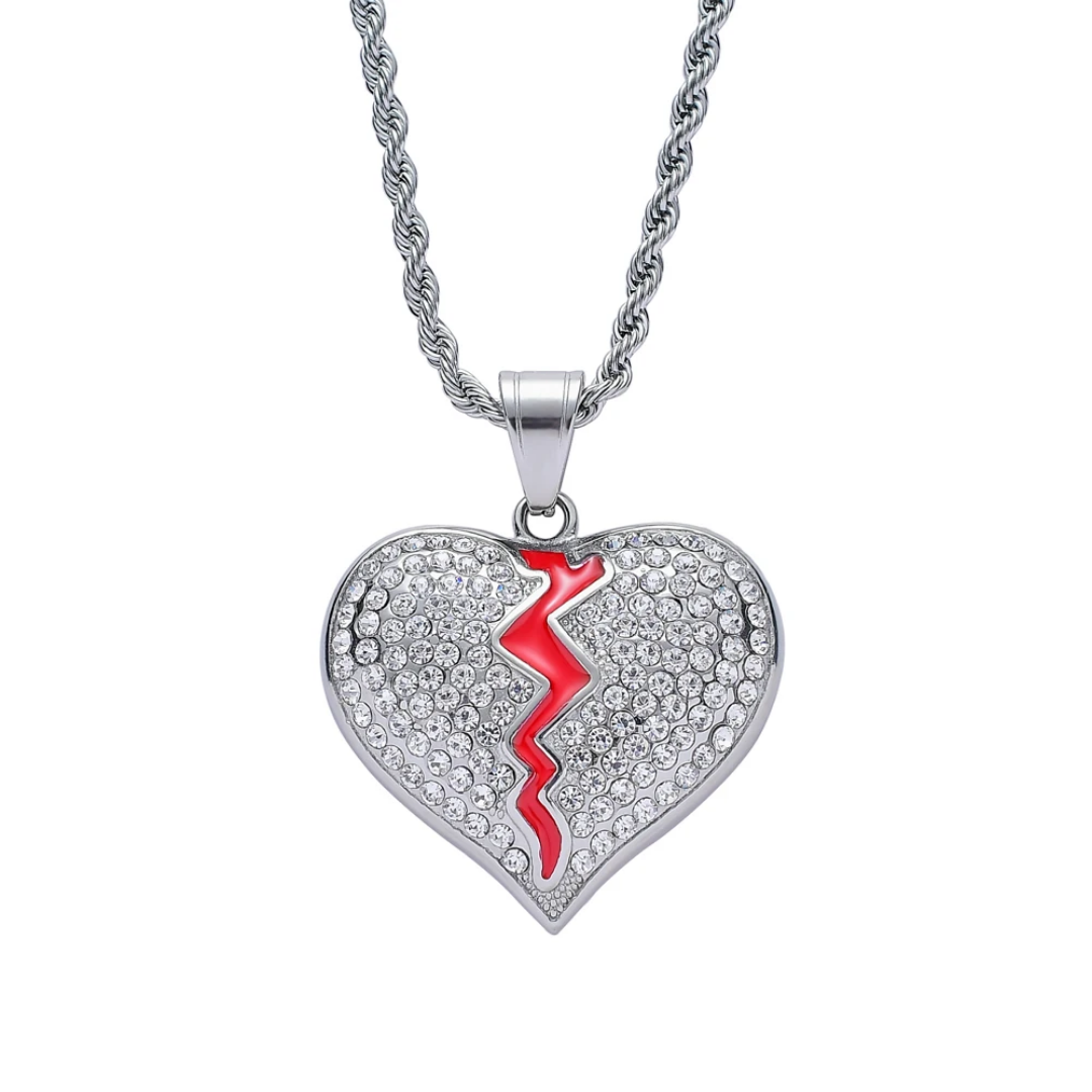 1038 HQ Iced Broken Heart Rhinestone Pendant – Silver-Plated Stainless Steel