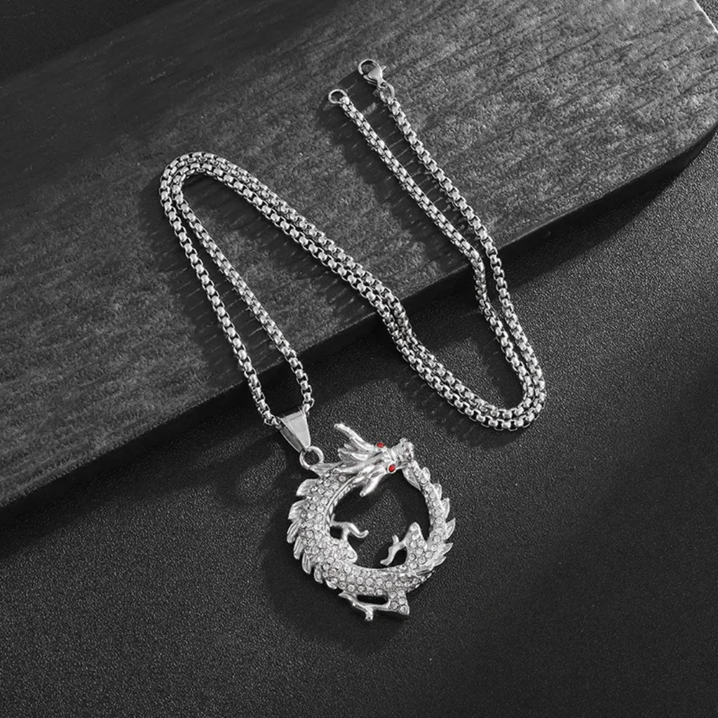 1022 Iced Dragon Pendant – Silver Tone Stainless Steel
