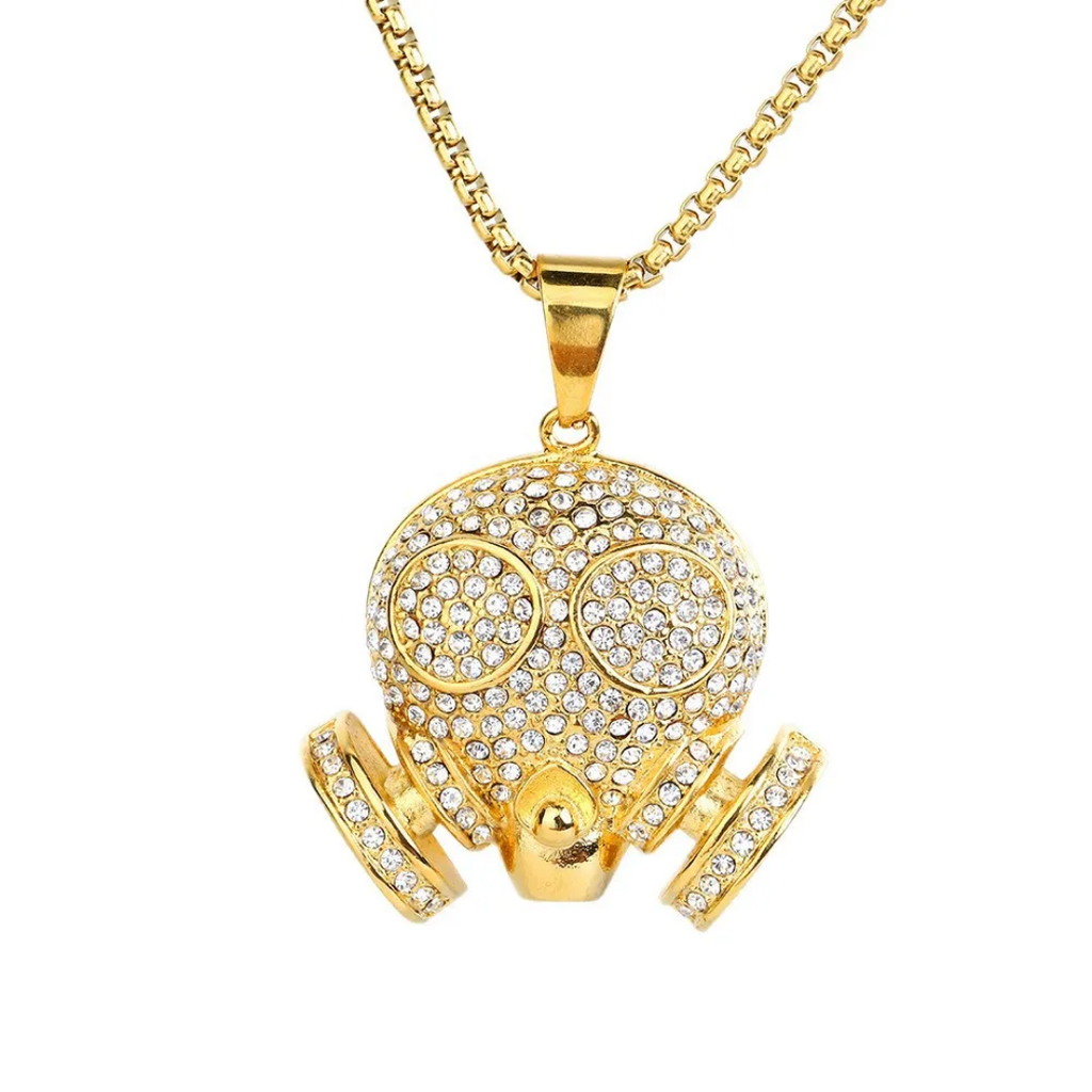 1111 Gold-Plated Stainless Steel Iced Gas Mask Skull Pendant