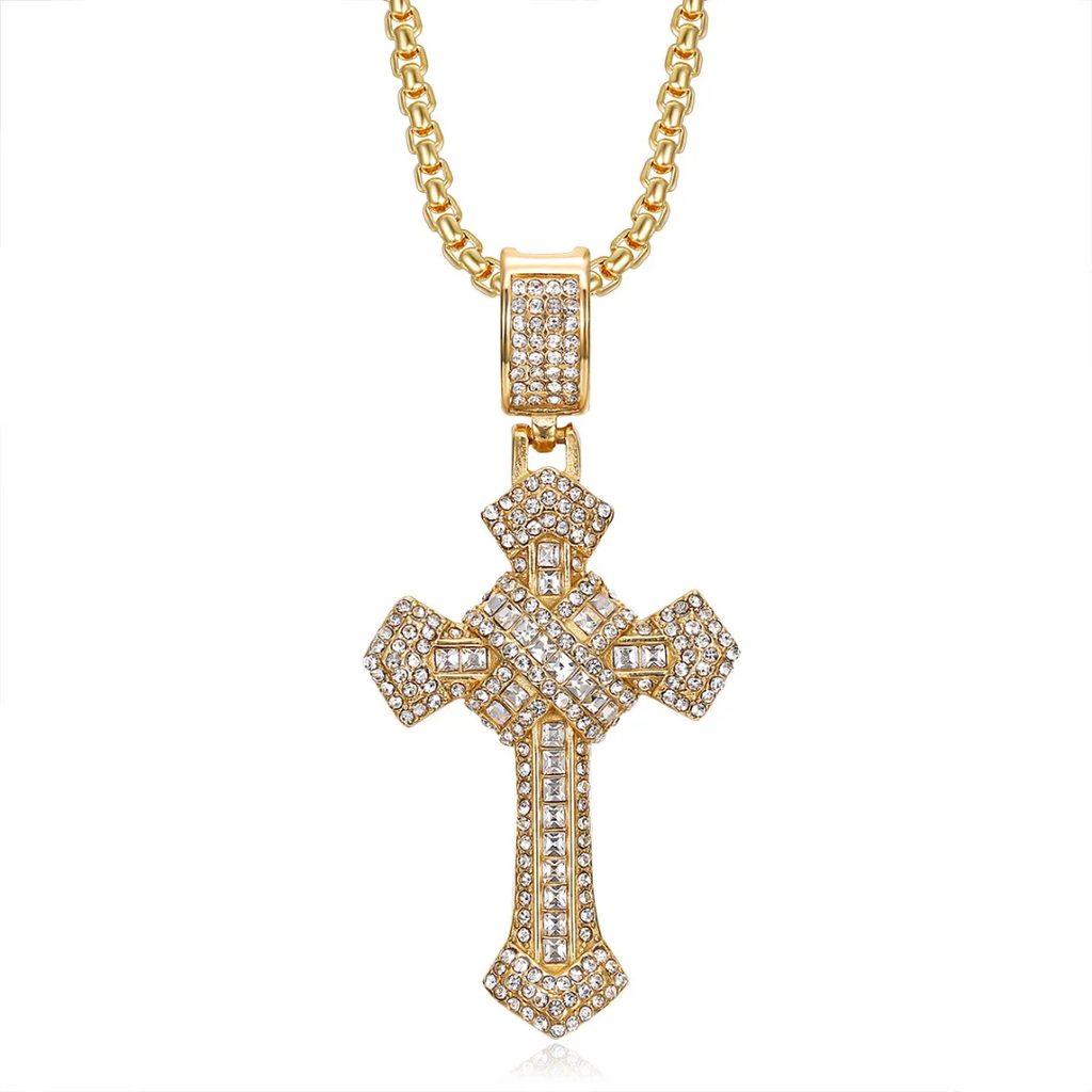 1090 Iced Cross Pendant – Gold-Plated Stainless Steel, Rhinestones