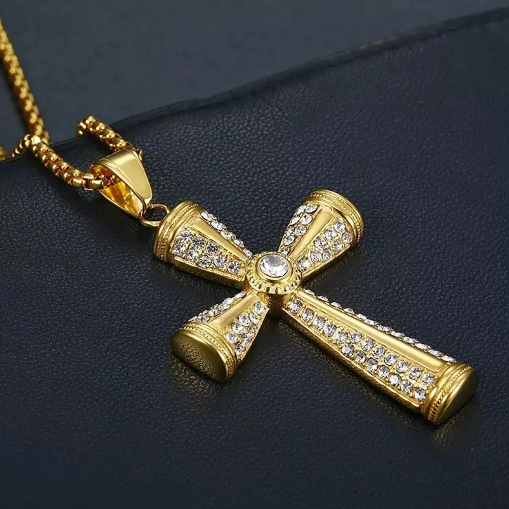 1086 Gold-Plated Stainless Steel Cross Pendant with Rhinestones – Unisex