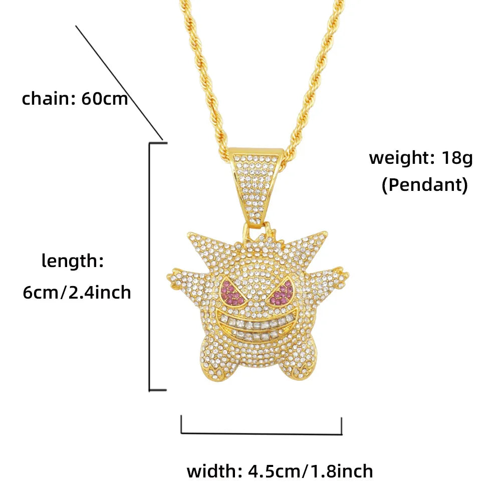 1092 Iced Grinning Monster Pendant – Silver-Tone Alloy, Rhinestones