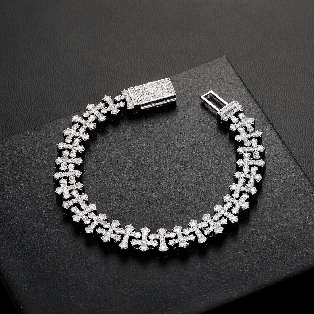 2012 |H| Brass Iced Out Cross Link Bracelet with 5A+CZ Stones | Gold-Plated or Silver-Plated